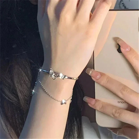 925 Sterling Silver Diamond-Studded Butterfly Bracelet Women's Fashion Jewelry Temperament Flower Adjustable Bracelet