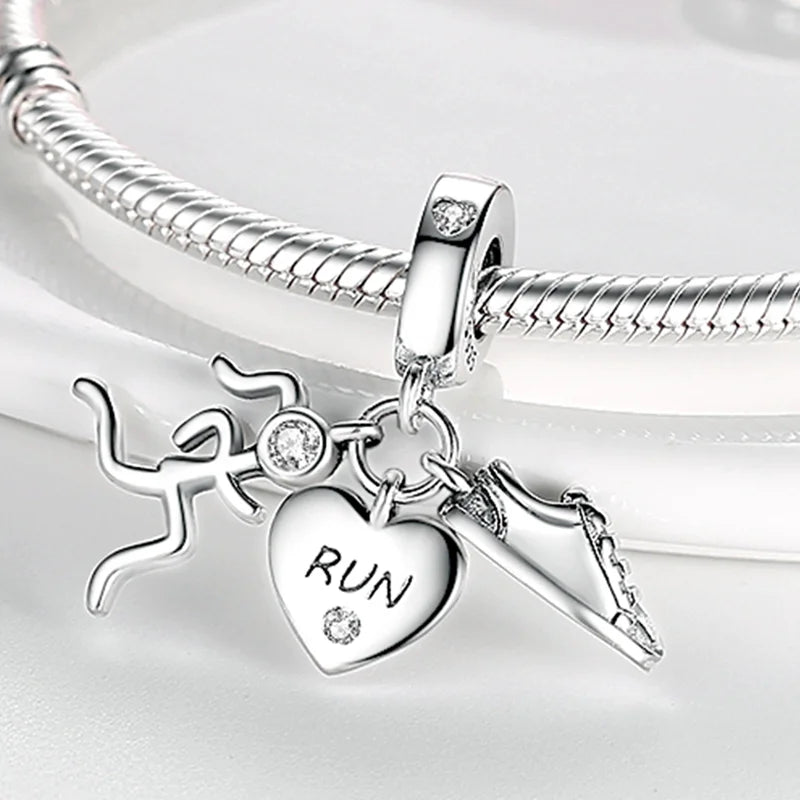 Inlaid Zircon Charm Beads 925 Sterling Silver Color Love Heart Snake Dangle Fit Original Bangle Bracelet Charms Pendant Jewelry