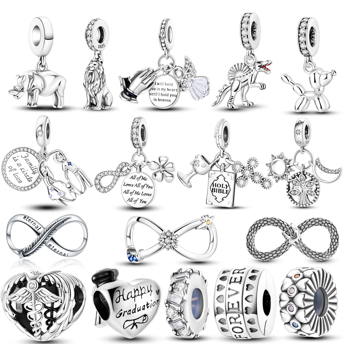 Inlaid Zircon Charm Beads 925 Sterling Silver Color Love Heart Snake Dangle Fit Original Bangle Bracelet Charms Pendant Jewelry