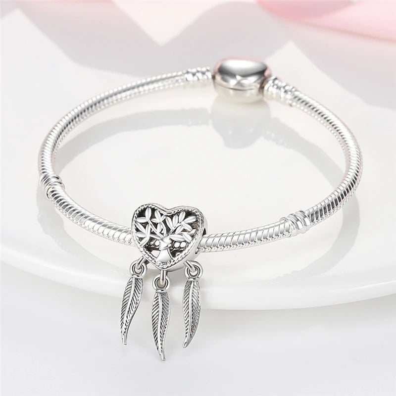 Inlaid Zircon Charm Beads 925 Sterling Silver Color Love Heart Snake Dangle Fit Original Bangle Bracelet Charms Pendant Jewelry