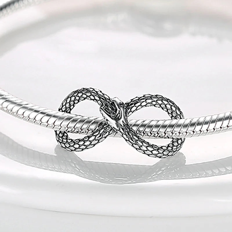 Inlaid Zircon Charm Beads 925 Sterling Silver Color Love Heart Snake Dangle Fit Original Bangle Bracelet Charms Pendant Jewelry