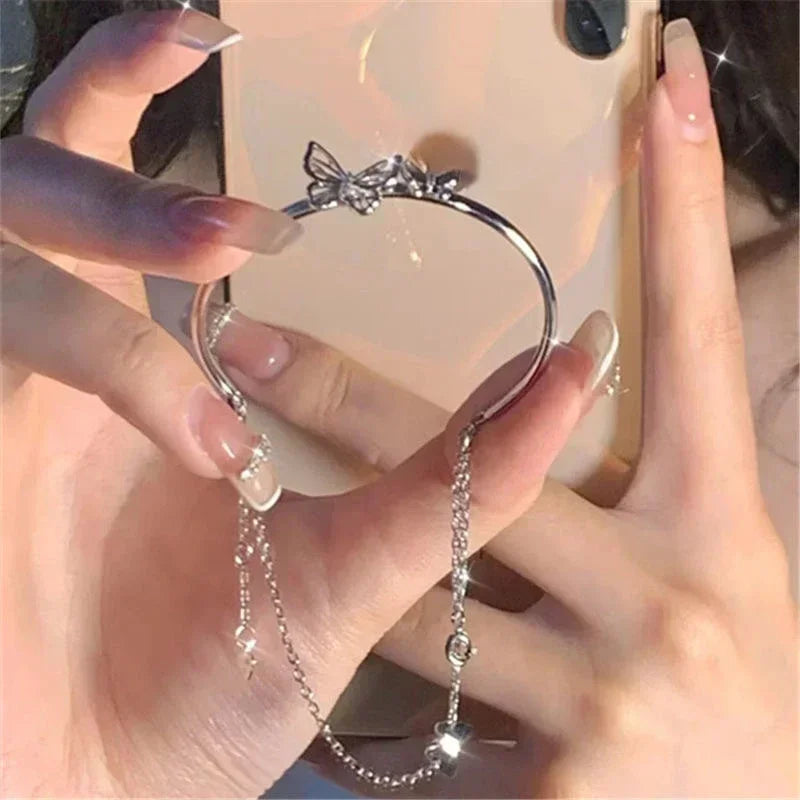 925 Sterling Silver Diamond-Studded Butterfly Bracelet Women's Fashion Jewelry Temperament Flower Adjustable Bracelet